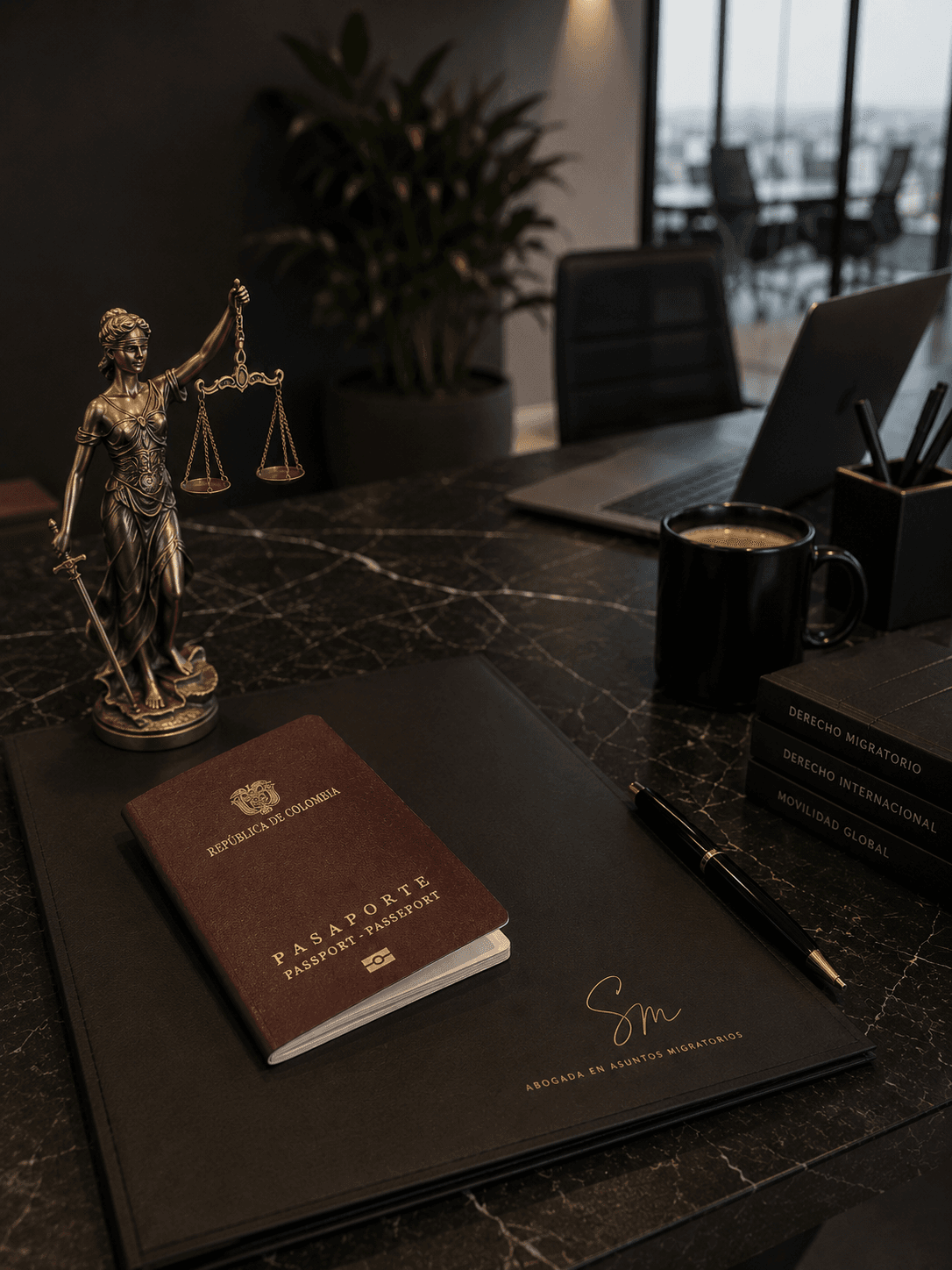 Pasaporte colombiano y carpeta con la marca de Silvana Moreno, junto a la balanza de la justicia